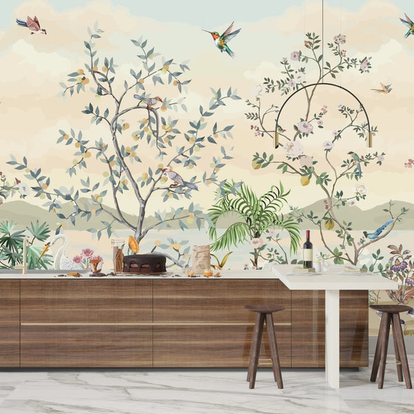 Blossom Chinoiserie Wallpaper, Birds Mural, Oversized Custom Size Wall Art, Non - Woven, Non - Adhesive, Modern Wall Paper, Removable - Adawall Wallpaper - Registered Trade Accounts Only, Wallpaper Wholesale Account - W77815 - Adawall Wholesale - Wallpaper Wholesaler