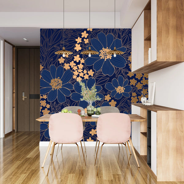 Blue and Gold Floral Wallpaper, Seamless Pattern Mural, Oversized Custom Size Wall Art, Non - Woven, Non - Adhesive, Modern Wall Paper, Removable - Adawall Wallpaper - Registered Trade Accounts Only, Wallpaper Wholesale Account - W77846 - Adawall Wholesale - Wallpaper Wholesaler