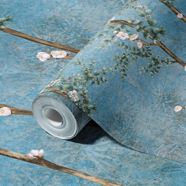 Blue Bloom Flowers Wall Mural, Floral Blossom Wallpaper, Oversized Nature Art Customized Wall Covering, Non-Woven, Non-Adhesive, Removable - Walloro High End Wallcoverings & More