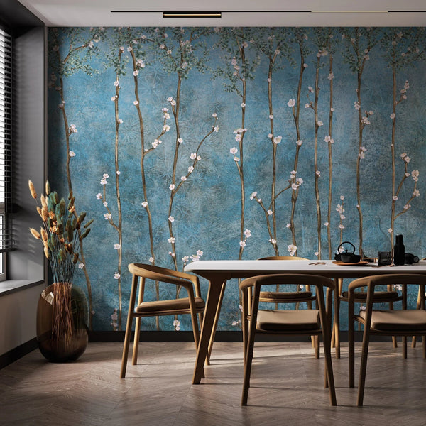 Blue Bloom Flowers Wall Mural, Floral Blossom Wallpaper, Oversized Nature Art Customized Wall Covering, Non - Woven, Non - Adhesive, Removable - Adawall Wallpaper - Registered Trade Accounts Only, Wallpaper Wholesale Account - SE311-1 - Adawall Wholesale - Wallpaper Wholesaler