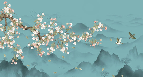Blue Chinoiserie Wallpaper, Tree and Birds Mural, Oversized Custom Size Wall Art, Non - Woven, Non - Adhesive, Modern Wall Paper, Removable - Adawall Wallpaper - Registered Trade Accounts Only, Wallpaper Wholesale Account - W78159 - Adawall Wholesale - Wallpaper Wholesaler