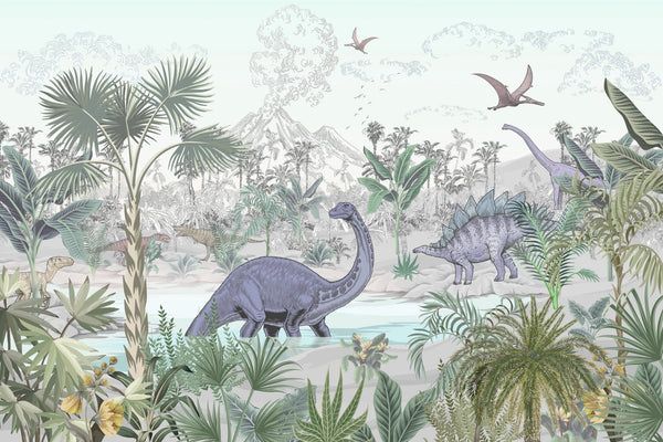 Blue Dino World Wallpaper, Jungle Mural, Oversized Custom Size Wall Art, Non - Woven, Non - Adhesive, Modern Wall Paper, Removable - Adawall Wallpaper - Registered Trade Accounts Only, Wallpaper Wholesale Account - W77756 - Adawall Wholesale - Wallpaper Wholesaler