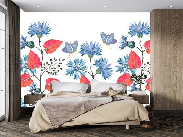 Blue Flowers, Red Leaves Wallpaper, Seamless Pattern Mural, Oversized Custom Size Wall Art, Non - Woven, Non - Adhesive, Modern Wall Paper, Removable - Adawall Wallpaper - Registered Trade Accounts Only, Wallpaper Wholesale Account - W78015 - Adawall Wholesale - Wallpaper Wholesaler