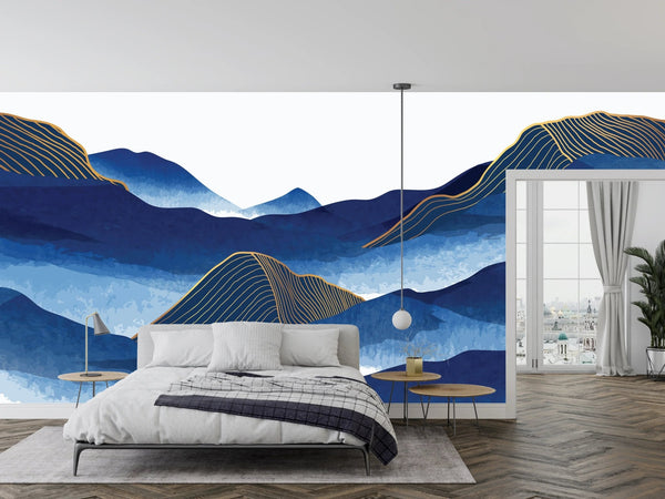 Blue Mountain Wallpaper, Golden Lines Mural, Oversized Custom Size Wall Art, Non - Woven, Non - Adhesive, Modern Wall Paper, Removable - Adawall Wallpaper - Registered Trade Accounts Only, Wallpaper Wholesale Account - W77824 - Adawall Wholesale - Wallpaper Wholesaler