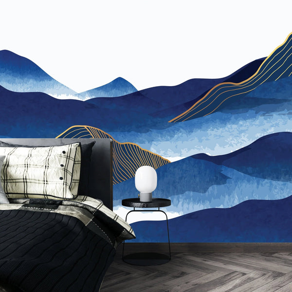 Blue Mountain Wallpaper, Golden Lines Mural, Oversized Custom Size Wall Art, Non - Woven, Non - Adhesive, Modern Wall Paper, Removable - Adawall Wallpaper - Registered Trade Accounts Only, Wallpaper Wholesale Account - W77824 - Adawall Wholesale - Wallpaper Wholesaler