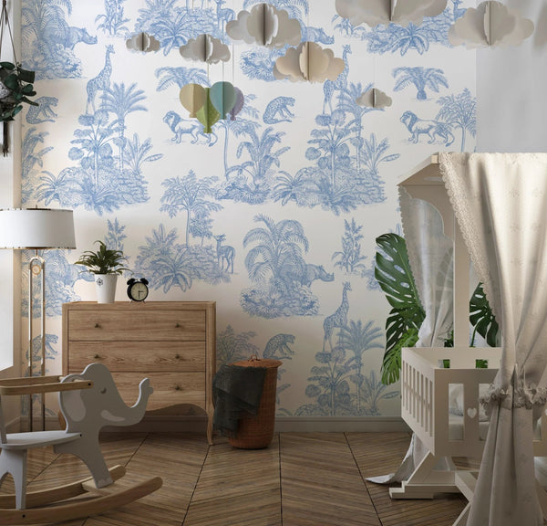 Blue Toile Jungle Wallpaper, African Animals Mural, Oversized Custom Size Wall Art, Non - Woven, Non - Adhesive, Modern Wall Paper, Removable - Adawall Wallpaper - Registered Trade Accounts Only, Wallpaper Wholesale Account - W77543 - Adawall Wholesale - Wallpaper Wholesaler