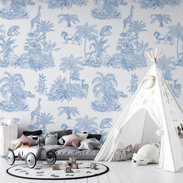 Blue Toile Jungle Wallpaper, African Animals Mural, Oversized Custom Size Wall Art, Non - Woven, Non - Adhesive, Modern Wall Paper, Removable - Adawall Wallpaper - Registered Trade Accounts Only, Wallpaper Wholesale Account - W77543 - Adawall Wholesale - Wallpaper Wholesaler