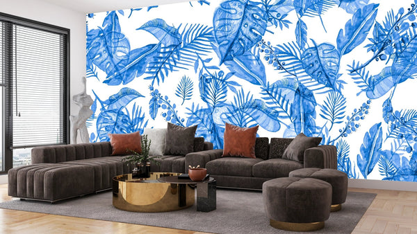 Blue Tropic Plants Wallpaper, Aquamarine Tropical Mural, Oversized Custom Size Wall Art, Non - Woven, Non - Adhesive, Modern Wall Paper, Removable - Adawall Wallpaper - Registered Trade Accounts Only, Wallpaper Wholesale Account - W77554 - Adawall Wholesale - Wallpaper Wholesaler