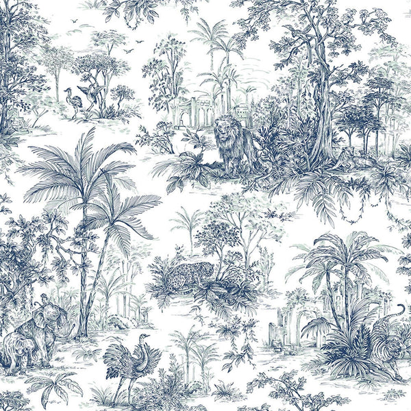 Blue Tropical Toile Textured Wallpaper, Stylish Plants Animals Jungle Forest Theme Wallcovering - Walloro High End Wallcoverings & More