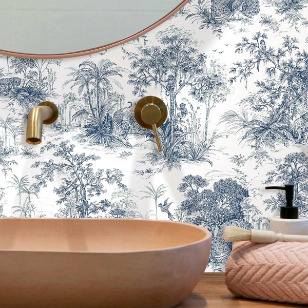 Blue Tropical Toile Textured Wallpaper, Stylish Plants Animals Jungle Forest Theme Wallcovering - Adawall Wallpaper - Registered Trade Accounts Only, Wallpaper Wholesale Account - 9909-2 - Adawall Wholesale - Wallpaper Wholesaler