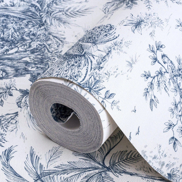 Blue Tropical Toile Textured Wallpaper, Stylish Plants Animals Jungle Forest Theme Wallcovering - Adawall Wallpaper - Registered Trade Accounts Only, Wallpaper Wholesale Account - 9909-2 - Adawall Wholesale - Wallpaper Wholesaler