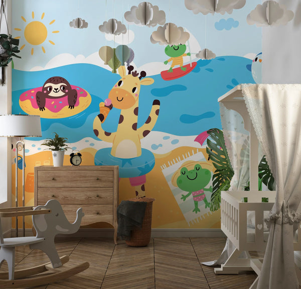 Happy Little Animals Wallpaper, Tropical Beach Mural, Oversized Custom Size Wall Art, Non-Woven, Non-Adhesive, Modern Wall Paper, Removable