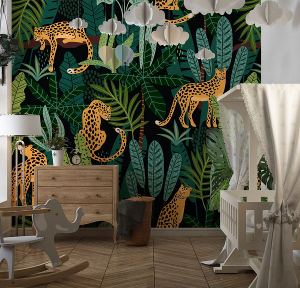 Leopards, Tropical Leaves Wallpaper, Seamless Pattern Mural, Oversized Custom Size Wall Art, Non-Woven, Non-Adhesive, Modern Wall Paper, Removable