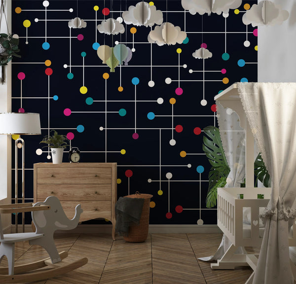 Colorful Lines, Dots Wallpaper, Black Background Mural, Oversized Custom Size Wall Art, Non-Woven, Non-Adhesive, Modern Wall Paper, Removable