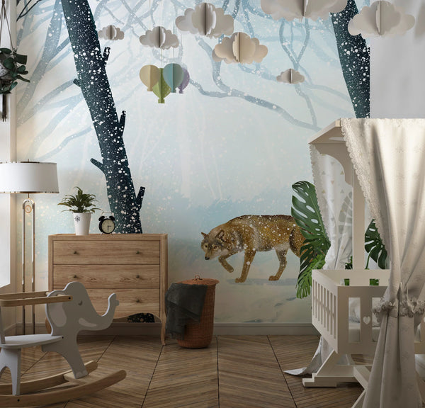 Winter Forest Wallpaper, Wolf Mural, Oversized Custom Size Wall Art, Non-Woven, Non-Adhesive, Modern Wall Paper, Removable