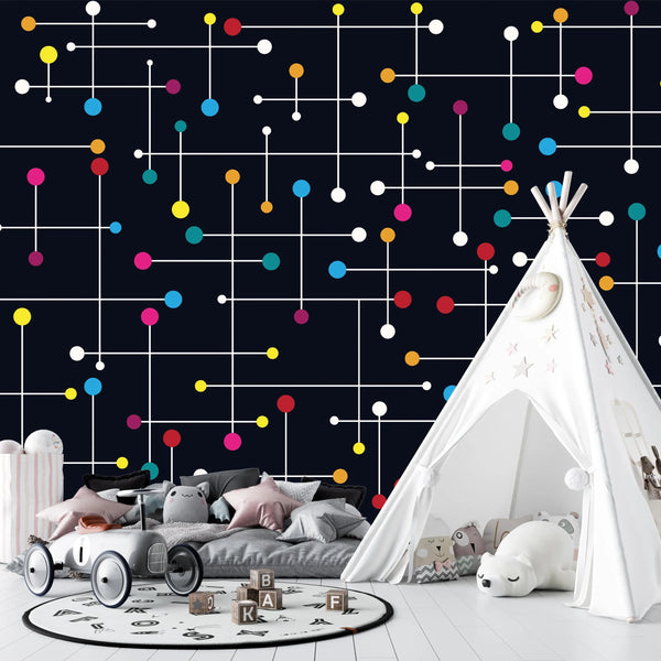 Colorful Lines, Dots Wallpaper, Black Background Mural, Oversized Custom Size Wall Art, Non-Woven, Non-Adhesive, Modern Wall Paper, Removable