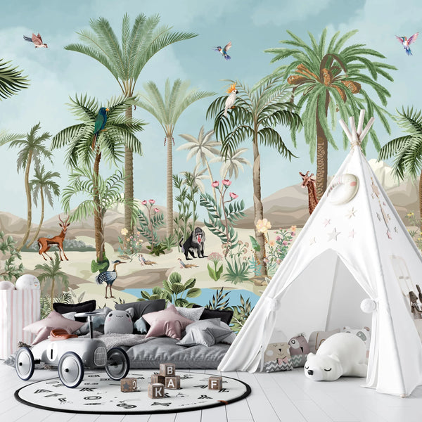 Tropic Animals Wallpaper, Palms and Plants Mural, Oversized Custom Size Wall Art, Non-Woven, Non-Adhesive, Modern Wall Paper, Removable