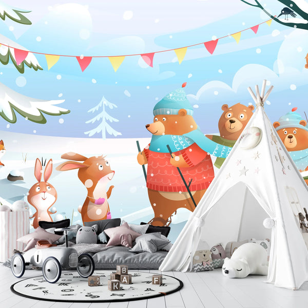 Winter Forest Wallpaper, Cute Animals Mural, Oversized Custom Size Wall Art, Non-Woven, Non-Adhesive, Modern Wall Paper, Removable
