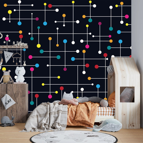 Colorful Lines, Dots Wallpaper, Black Background Mural, Oversized Custom Size Wall Art, Non-Woven, Non-Adhesive, Modern Wall Paper, Removable