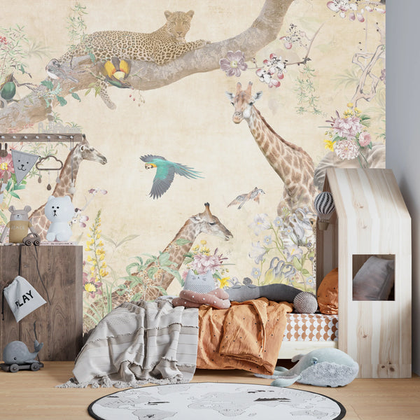 Tropical Trees Wallpaper, Safari Animals Mural, Oversized Custom Size Wall Art, Non-Woven, Non-Adhesive, Modern Wall Paper, Removable