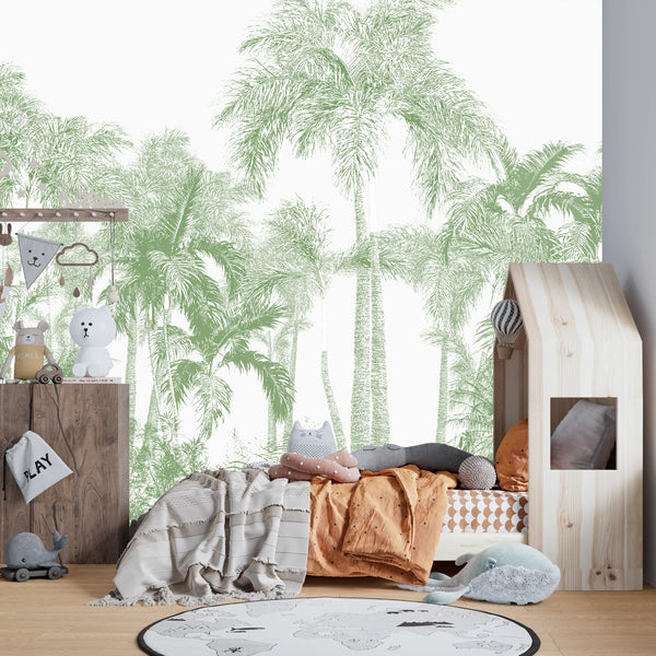 Tropical Green Trees Wallpaper, White Background Mural, Oversized Custom Size Wall Art, Non-Woven, Non-Adhesive, Modern Wall Paper, Removable