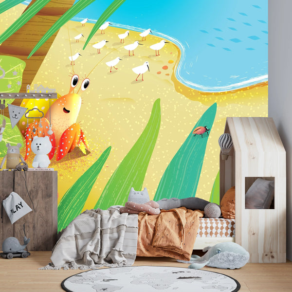 Cute Crab Wallpaper, Tropical Beach Mural, Oversized Custom Size Wall Art, Non-Woven, Non-Adhesive, Modern Wall Paper, Removable