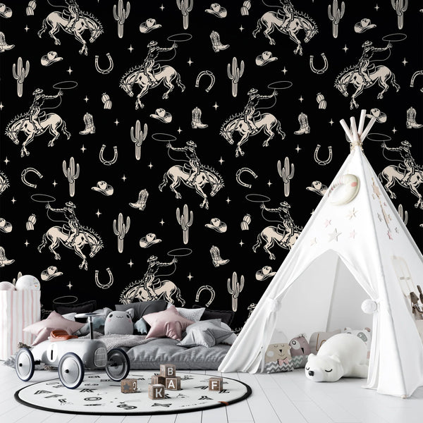 Western Themed Wallpaper, Black and White Seamless Pattern Mural, Oversized Custom Size Wall Art, Non-Woven, Non-Adhesive, Modern Wall Paper, Removable