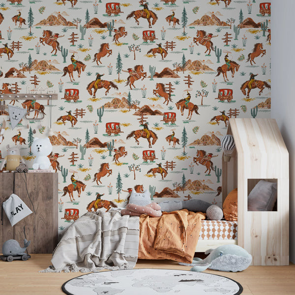 Western Cowboys Rodeo Wallpaper, Seamless Pattern Mural, Oversized Custom Size Wall Art, Non-Woven, Non-Adhesive, Modern Wall Paper, Removable