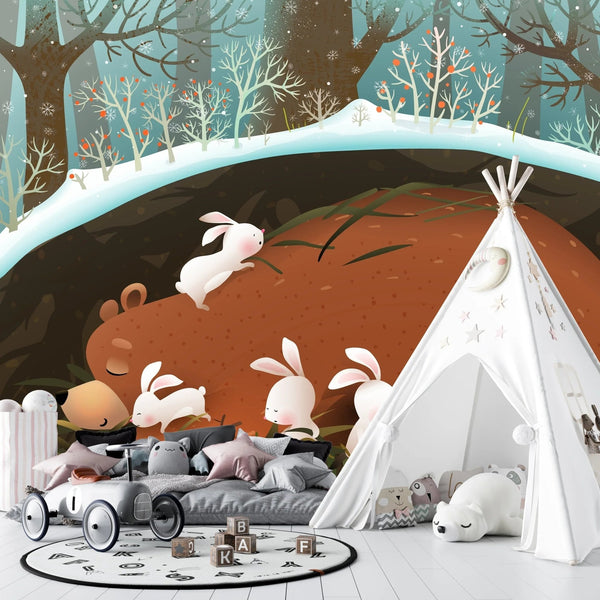 Bunnies and Bear Wallpaper, Sleeping in the Den Mural, Oversized Custom Size Wall Art, Non - Woven, Non - Adhesive, Modern Wall Paper, Removable - Adawall Wallpaper - Registered Trade Accounts Only, Wallpaper Wholesale Account - W78153 - Adawall Wholesale - Wallpaper Wholesaler