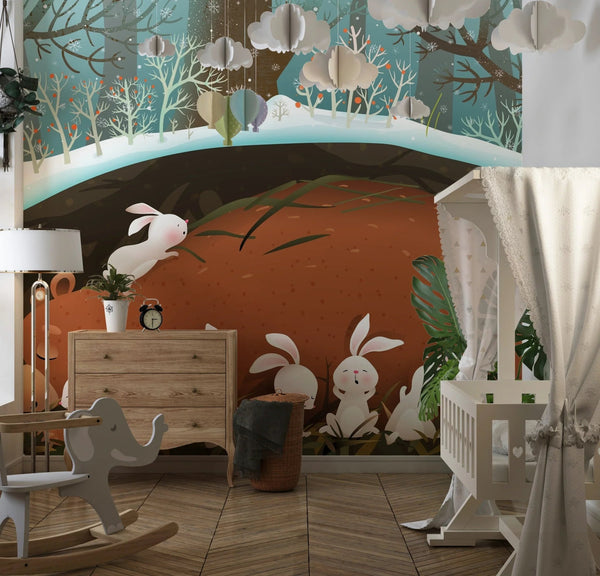 Bunnies and Bear Wallpaper, Sleeping in the Den Mural, Oversized Custom Size Wall Art, Non - Woven, Non - Adhesive, Modern Wall Paper, Removable - Adawall Wallpaper - Registered Trade Accounts Only, Wallpaper Wholesale Account - W78153 - Adawall Wholesale - Wallpaper Wholesaler