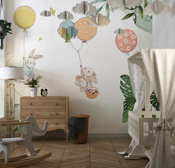 Bunnies Wallpaper, Fly Balloons Mural, Oversized Custom Size Wall Art, Non - Woven, Non - Adhesive, Modern Wall Paper, Removable - Adawall Wallpaper - Registered Trade Accounts Only, Wallpaper Wholesale Account - W77662 - Adawall Wholesale - Wallpaper Wholesaler
