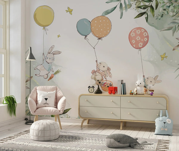 Bunnies Wallpaper, Fly Balloons Mural, Oversized Custom Size Wall Art, Non - Woven, Non - Adhesive, Modern Wall Paper, Removable - Adawall Wallpaper - Registered Trade Accounts Only, Wallpaper Wholesale Account - W77662 - Adawall Wholesale - Wallpaper Wholesaler
