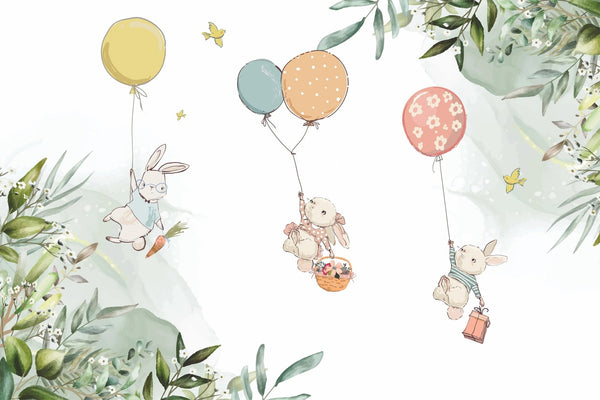 Bunnies Wallpaper, Fly Balloons Mural, Oversized Custom Size Wall Art, Non - Woven, Non - Adhesive, Modern Wall Paper, Removable - Adawall Wallpaper - Registered Trade Accounts Only, Wallpaper Wholesale Account - W77662 - Adawall Wholesale - Wallpaper Wholesaler