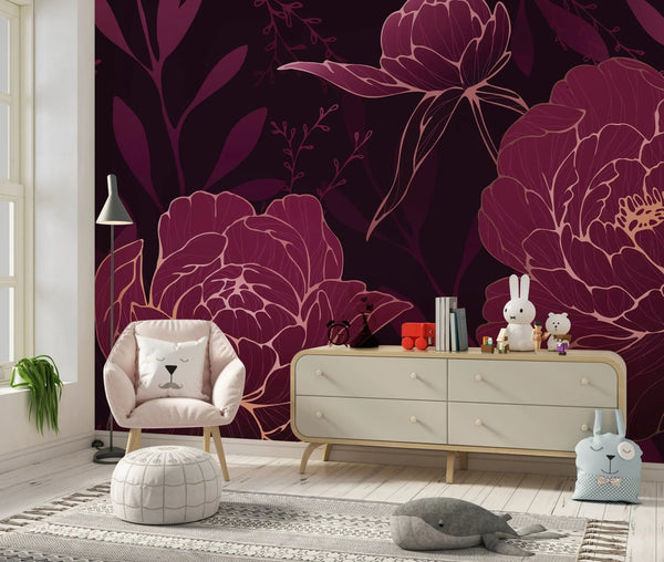 Burgundy Peonies Wallpaper, Luxury Mural, Oversized Custom Size Wall Art, Non - Woven, Non - Adhesive, Modern Wall Paper, Removable - Adawall Wallpaper - Registered Trade Accounts Only, Wallpaper Wholesale Account - W77931 - Adawall Wholesale - Wallpaper Wholesaler