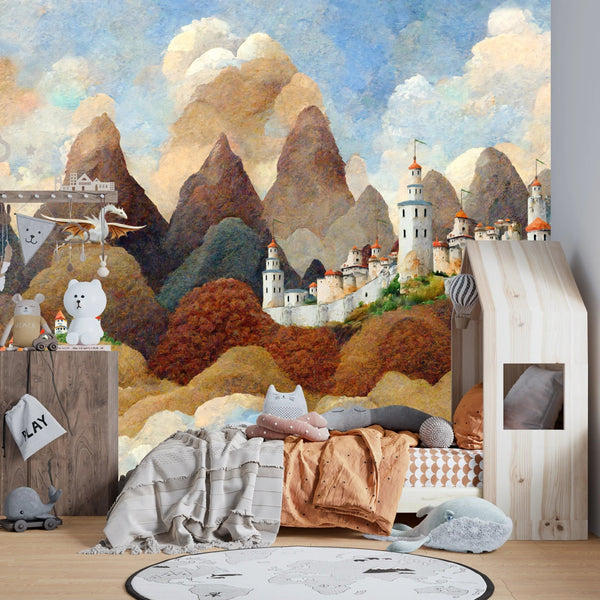 Castle and Dragon Wallpaper, Painted Style Mural, Oversized Custom Size Wall Art, Non - Woven, Non - Adhesive, Modern Wall Paper, Removable - Adawall Wallpaper - Registered Trade Accounts Only, Wallpaper Wholesale Account - W77836 - Adawall Wholesale - Wallpaper Wholesaler