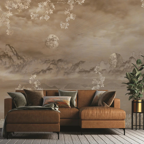 Celestial Moon Wall Mural, Moon Phases Beige Wallpaper, Large Space Custom Size Wall Covering, Non - Woven, Non - Pasted, Removable, Washable, Art - Adawall Wallpaper - Registered Trade Accounts Only, Wallpaper Wholesale Account - SE303-2 - Adawall Wholesale - Wallpaper Wholesaler