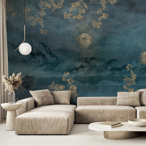 Celestial Moon Wall Mural, Moon Phases Blue Wallpaper, Large Space Custom Size Wall Covering, Non - Woven, Non - Pasted, Removable, Washable, Art - Adawall Wallpaper - Registered Trade Accounts Only, Wallpaper Wholesale Account - SE303-1 - Adawall Wholesale - Wallpaper Wholesaler