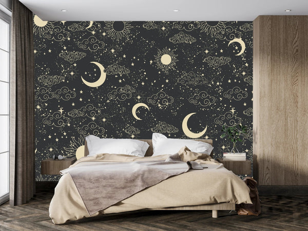 Celestial Pattern Wallpaper, Black Background Mural, Oversized Custom Size Wall Art, Non - Woven, Non - Adhesive, Modern Wall Paper, Removable - Adawall Wallpaper - Registered Trade Accounts Only, Wallpaper Wholesale Account - W77799 - Adawall Wholesale - Wallpaper Wholesaler