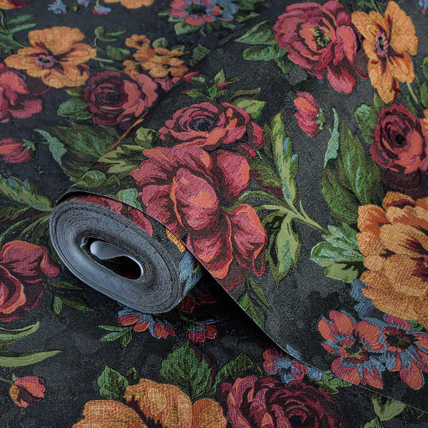 Charming Floral Deep Embossed Wallpaper, Black Red Bloom Blossom Flower Design Interior Wall Decor - Adawall Wallpaper - Registered Trade Accounts Only, Wallpaper Wholesale Account - 5806-6 - Adawall Wholesale - Wallpaper Wholesaler
