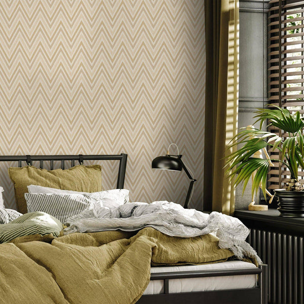 Chevron Wallpaper, Cream, Gold Geometric Deep Embossed Zigzag Pattern Geometric Wallcovering - Adawall Wallpaper - Registered Trade Accounts Only, Wallpaper Wholesale Account - 1509-2 - Adawall Wholesale - Wallpaper Wholesaler