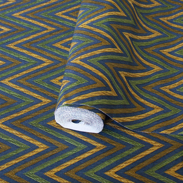 Chevron Wallpaper, Green, Blue, Yellow Geometric Deep Embossed Zigzag Pattern Geometric Wallcovering - Walloro High End Wallcoverings & More