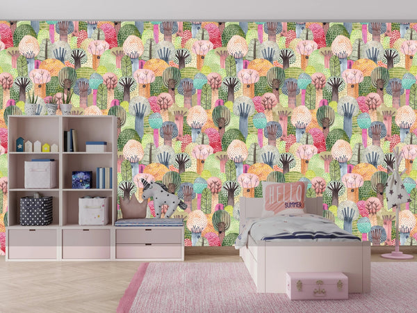 Childish Forest Wallpaper, Seamless Pattern Mural, Oversized Custom Size Wall Art, Non - Woven, Non - Adhesive, Modern Wall Paper, Removable - Adawall Wallpaper - Registered Trade Accounts Only, Wallpaper Wholesale Account - W77588 - Adawall Wholesale - Wallpaper Wholesaler