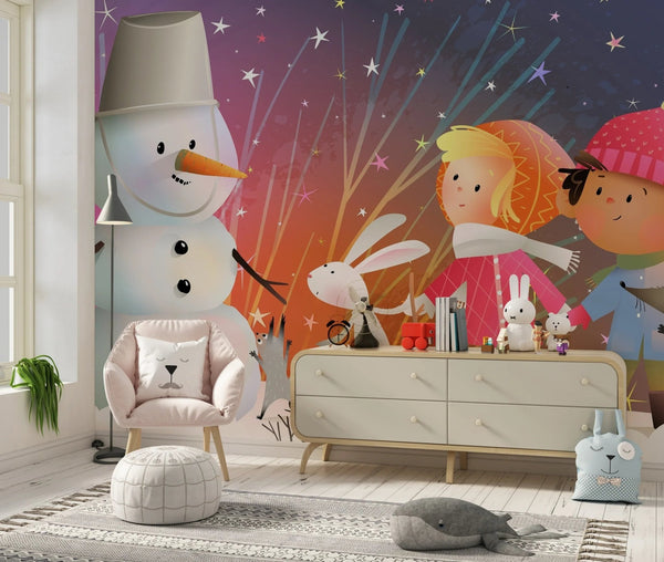 Children and Animals Wallpaper, Build a Snowman Mural, Oversized Custom Size Wall Art, Non - Woven, Non - Adhesive, Modern Wall Paper, Removable - Adawall Wallpaper - Registered Trade Accounts Only, Wallpaper Wholesale Account - W78134 - Adawall Wholesale - Wallpaper Wholesaler