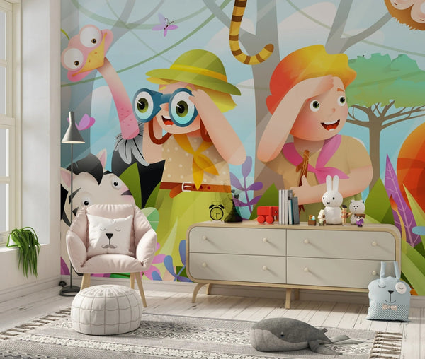 Children Wallpaper, Jungle Animals Mural, Oversized Custom Size Wall Art, Non - Woven, Non - Adhesive, Modern Wall Paper, Removable - Adawall Wallpaper - Registered Trade Accounts Only, Wallpaper Wholesale Account - W78115 - Adawall Wholesale - Wallpaper Wholesaler