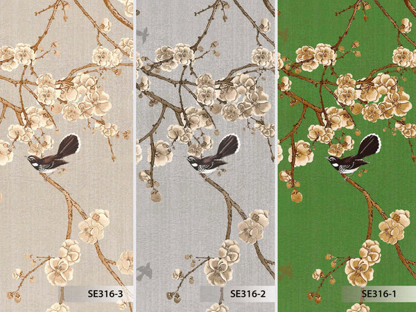Chinoiserie Birds Floral Wall Mural, Green Flowers Blossom Wallpaper, Large, Oversized Elegant Custom Size Wall Art, Non-Woven, Non-Pasted, Modern - Walloro High End Wallcoverings & More