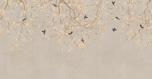 Chinoiserie Birds Floral Wall Mural, Light Beige Flowers Blossom Wallpaper, Large, Oversized Elegant Custom Size Wall Art, Non-Woven, Non-Pasted, Modern - Walloro High End Wallcoverings & More