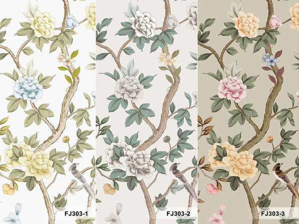 Chinoiserie Floral Blossoms Wall Mural, Green Botanical Tree Flowers Wallpaper, Custom Size Wall Covering, Non - Woven, Non - Adhesive, Removable, Washable - Adawall Wallpaper - Registered Trade Accounts Only, Wallpaper Wholesale Account - FJ303-3 - Adawall Wholesale - Wallpaper Wholesaler