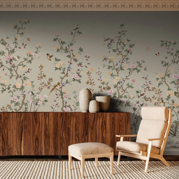Chinoiserie Floral Blossoms Wall Mural, Green Botanical Tree Flowers Wallpaper, Custom Size Wall Covering, Non - Woven, Non - Adhesive, Removable, Washable - Adawall Wallpaper - Registered Trade Accounts Only, Wallpaper Wholesale Account - FJ303-3 - Adawall Wholesale - Wallpaper Wholesaler