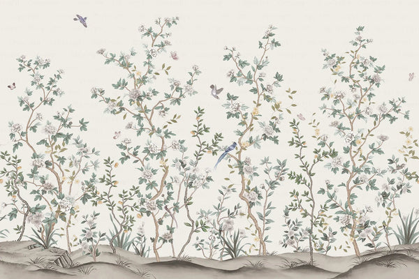 Chinoiserie Floral Blossoms Wall Mural, Ivory Botanical Tree Flowers Wallpaper, Custom Size Wall Covering, Non - Woven, Non - Adhesive, Removable, Washable - Adawall Wallpaper - Registered Trade Accounts Only, Wallpaper Wholesale Account - FJ303-2 - Adawall Wholesale - Wallpaper Wholesaler