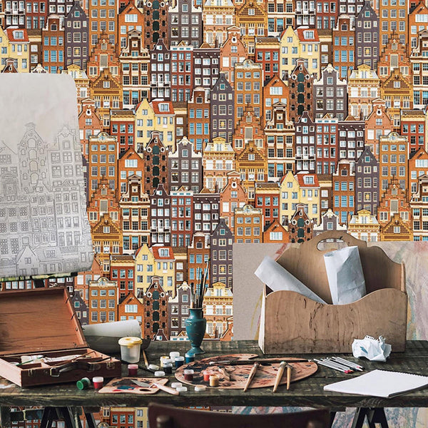 Cityscape 3D Embossed Wallpaper, Red, Orange Realistic Houses Apartments Design, Home Wall Decor, Modern Wallcovering - Walloro High End Wallcoverings & More